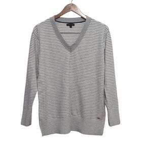 Tommy Hilfiger Sweater Striped V-Neck White and Gray Cozy Cotton size Large